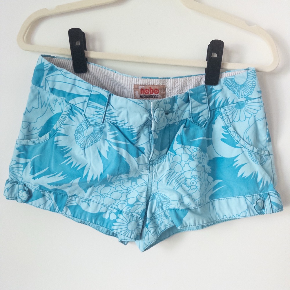 VTG Y2K Low Rise Shorts Womens S Micro Blue Floral Beachy Casual Surf Skater